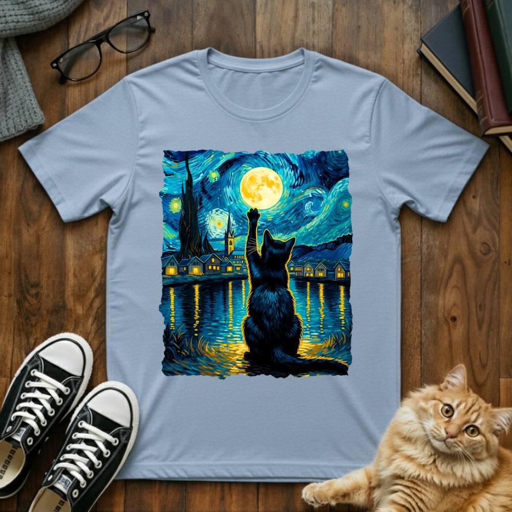 Starry Night Cat Reaching for the Moon T-Shirt