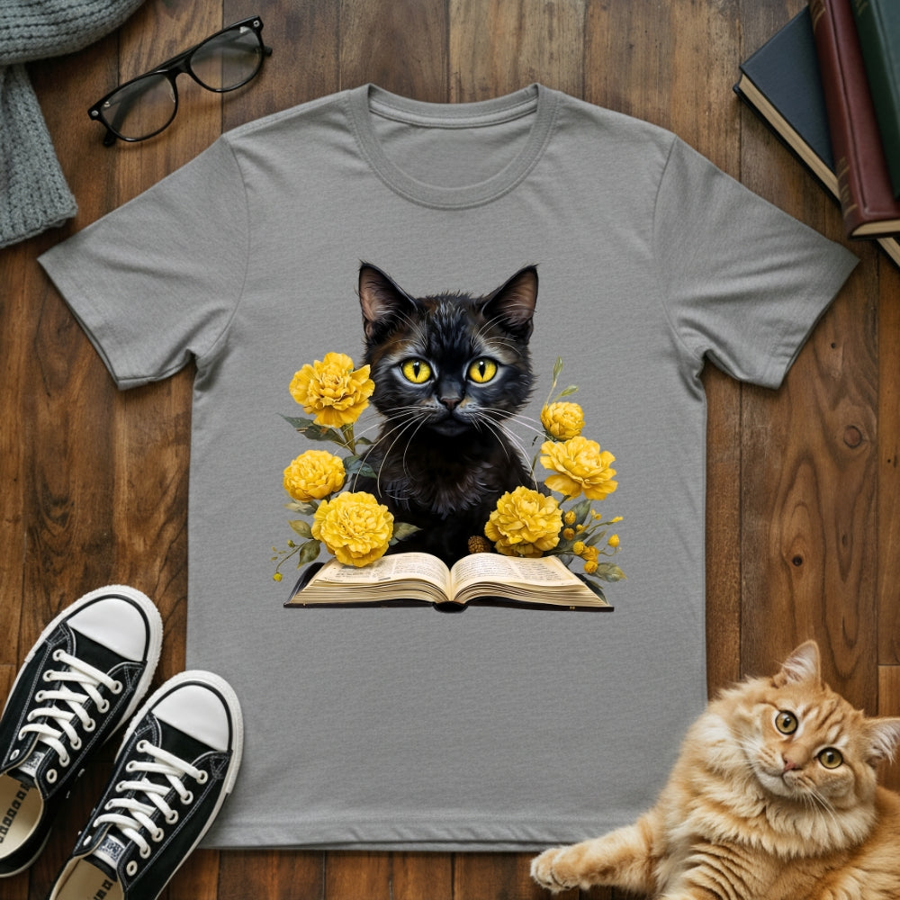 Vintage Floral Black Cat Book T-Shirt