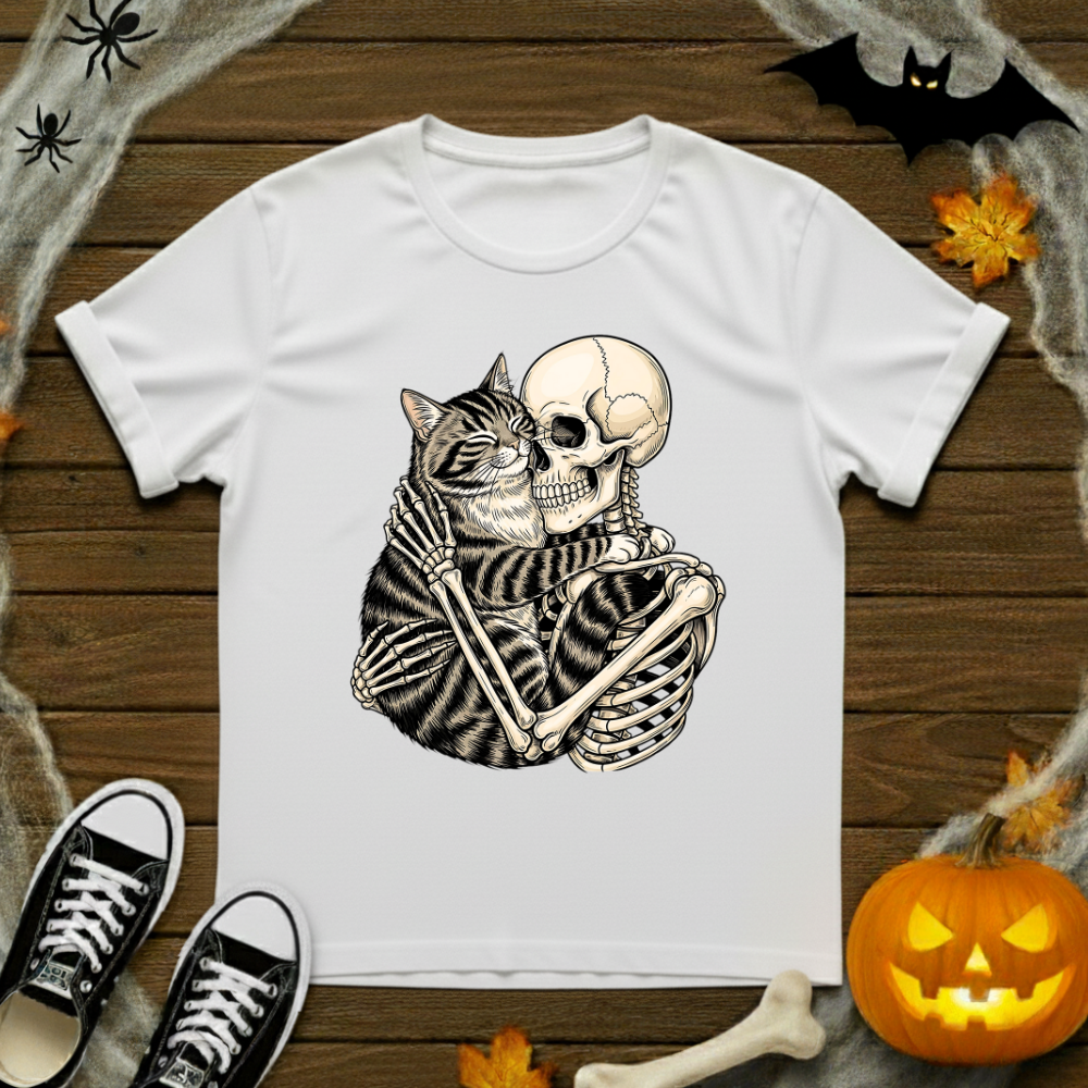 Skeleton Hugging Cat T-Shirt