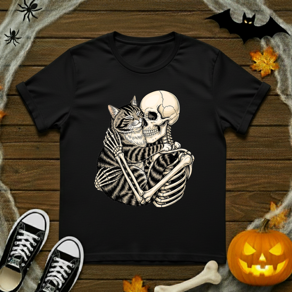 Skeleton Hugging Cat T-Shirt