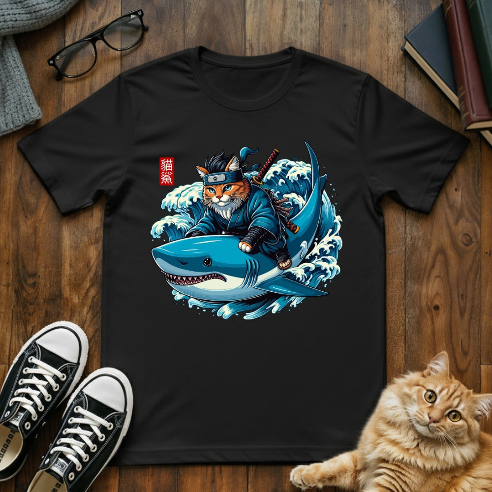 Ninja Cat Riding Shark T-Shirt