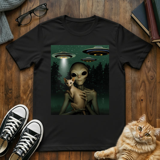 Alien & Sphynx Cat UFO T-Shirt