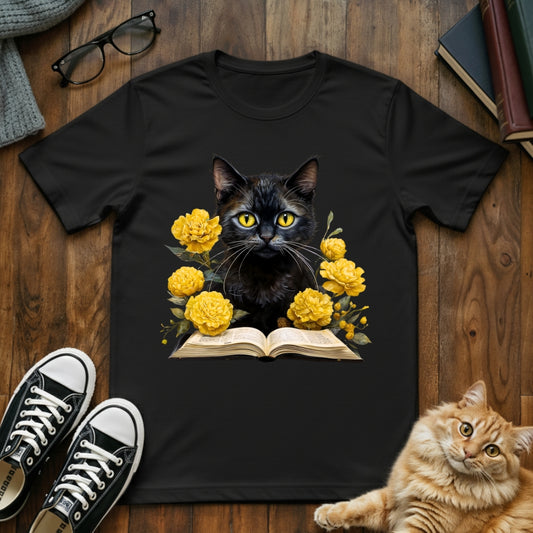 Vintage Floral Black Cat Book T-Shirt