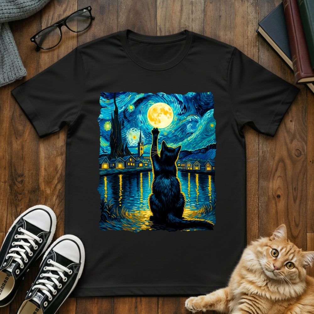 Starry Night Cat Reaching for the Moon T-Shirt