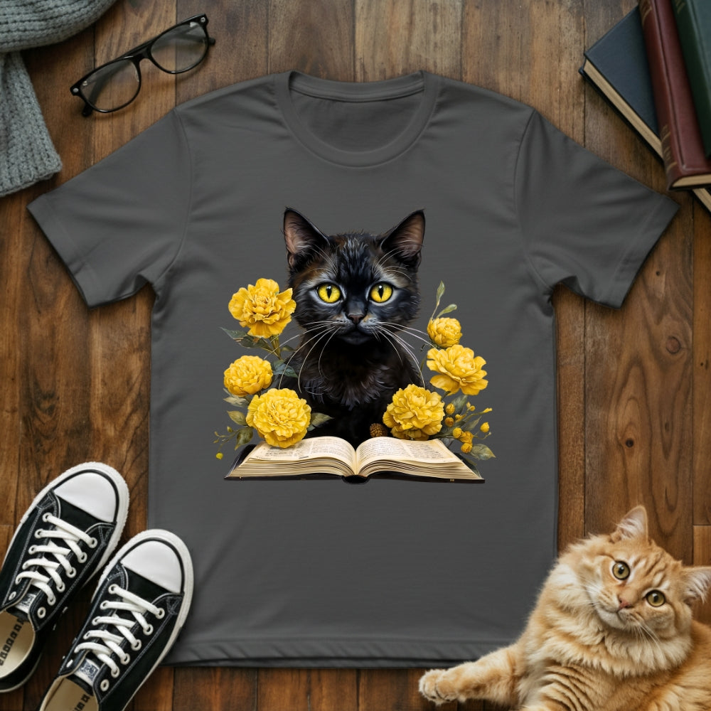 Vintage Floral Black Cat Book T-Shirt