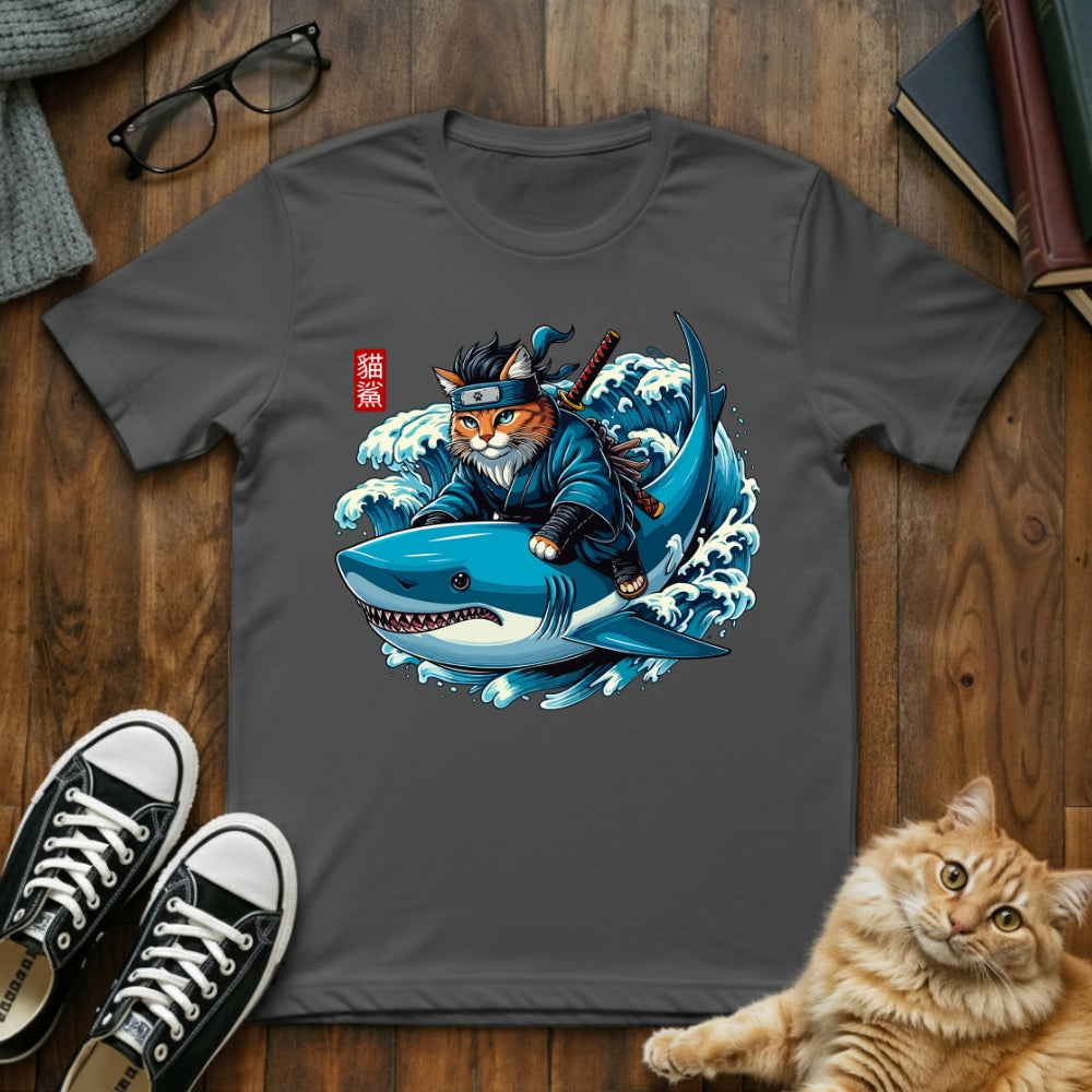 Ninja Cat Riding Shark T-Shirt
