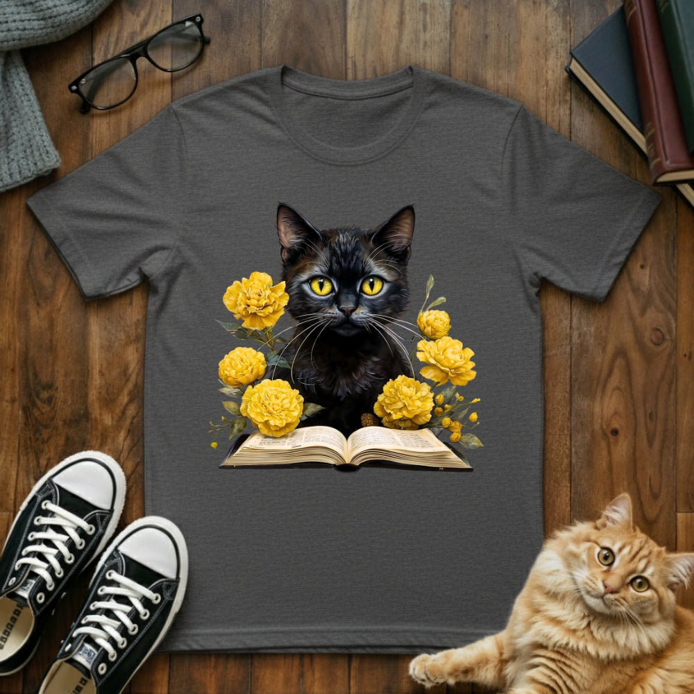 Vintage Floral Black Cat Book T-Shirt