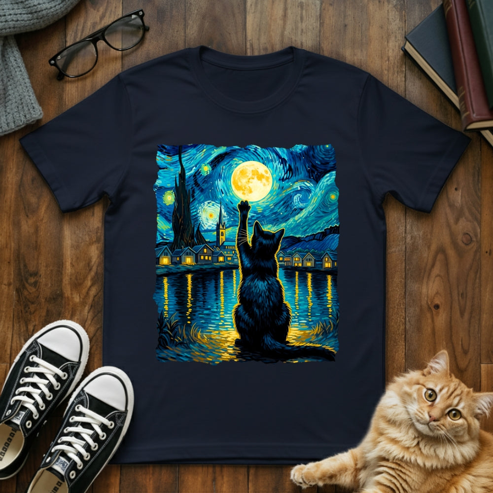 Starry Night Cat Reaching for the Moon T-Shirt