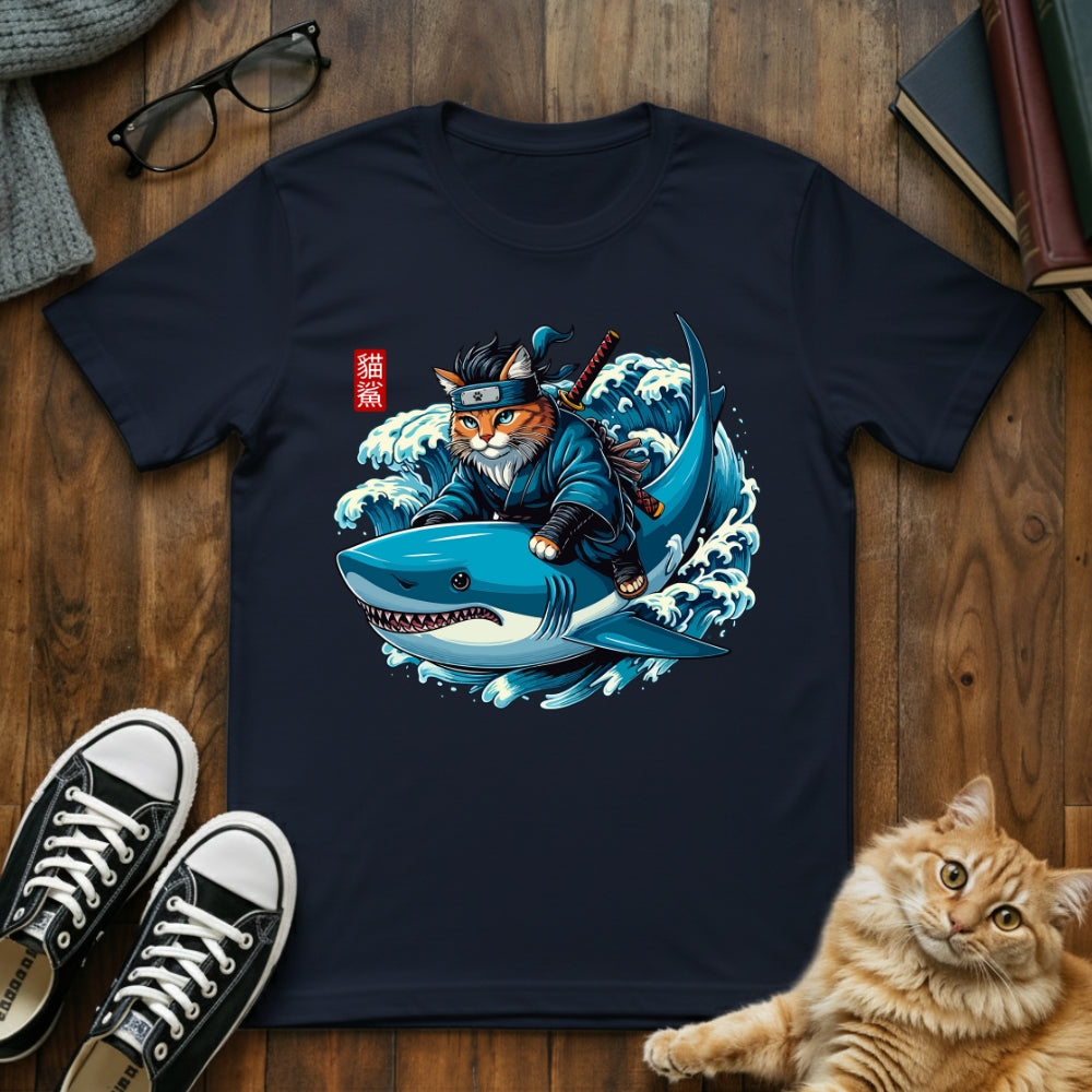 Ninja Cat Riding Shark T-Shirt
