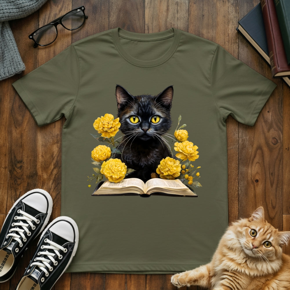 Vintage Floral Black Cat Book T-Shirt