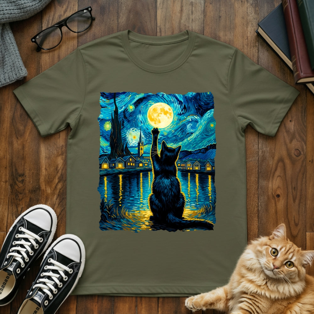 Starry Night Cat Reaching for the Moon T-Shirt
