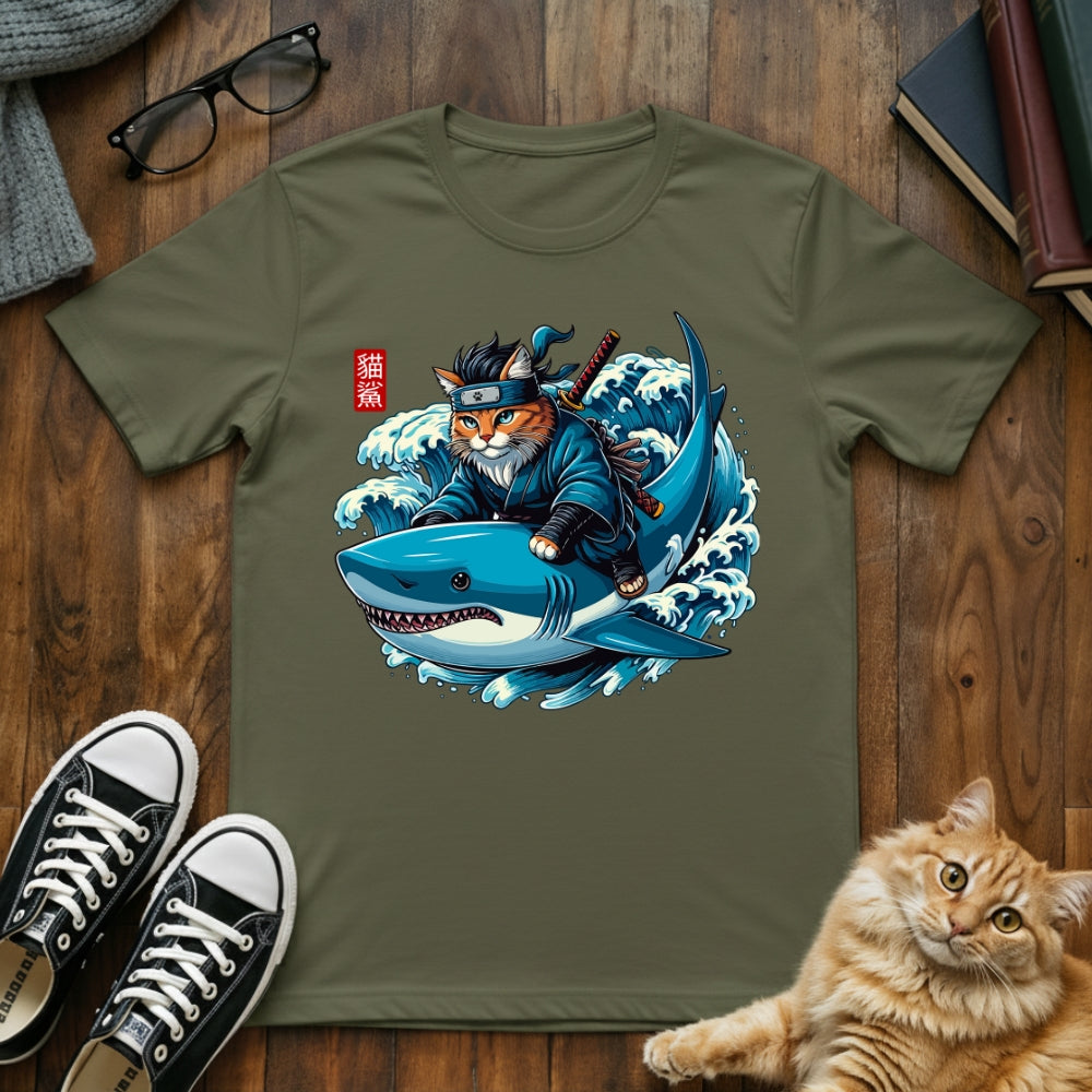 Ninja Cat Riding Shark T-Shirt