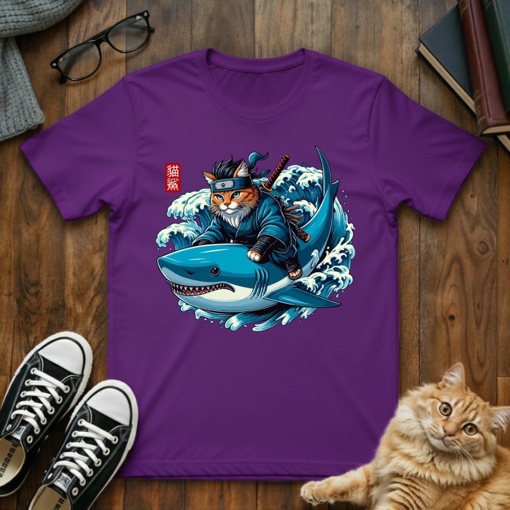 Ninja Cat Riding Shark T-Shirt