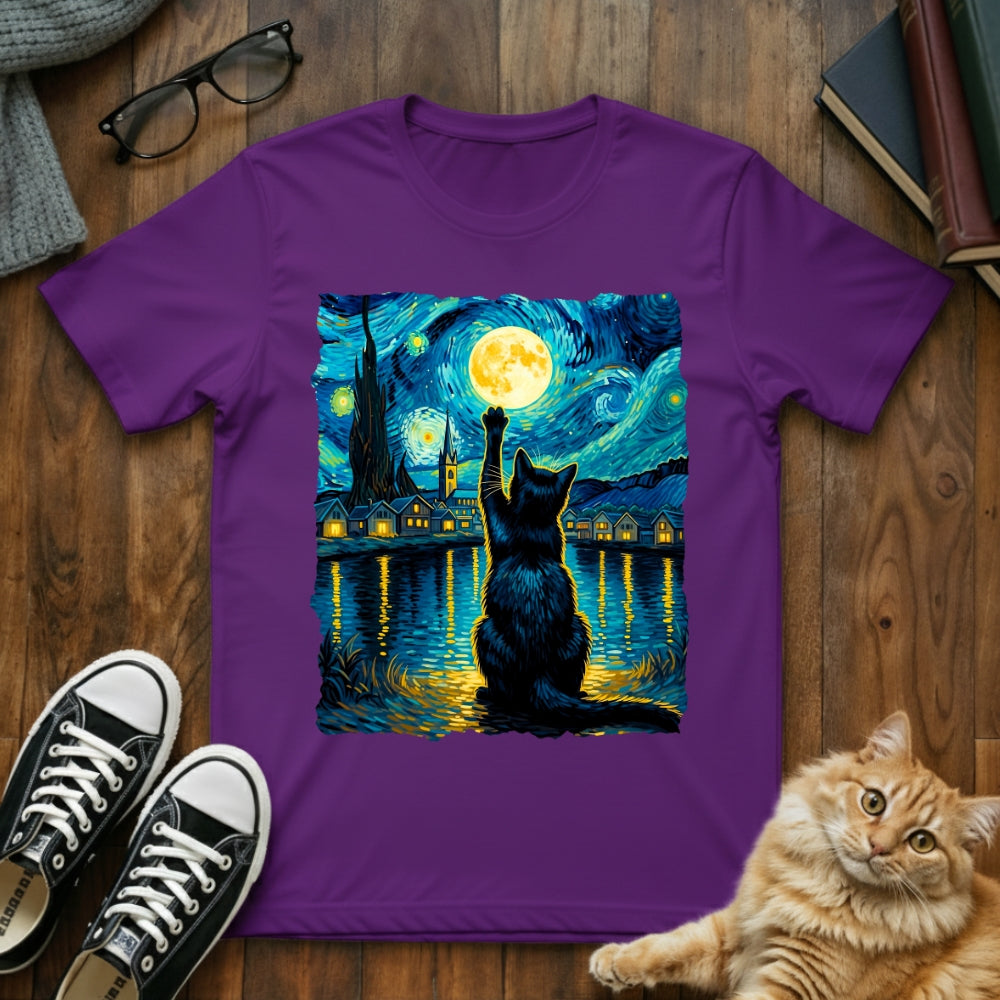 Starry Night Cat Reaching for the Moon T-Shirt