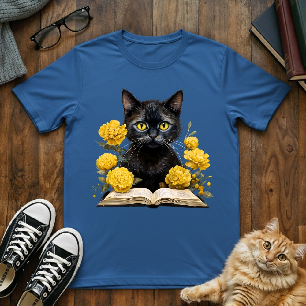 Vintage Floral Black Cat Book T-Shirt