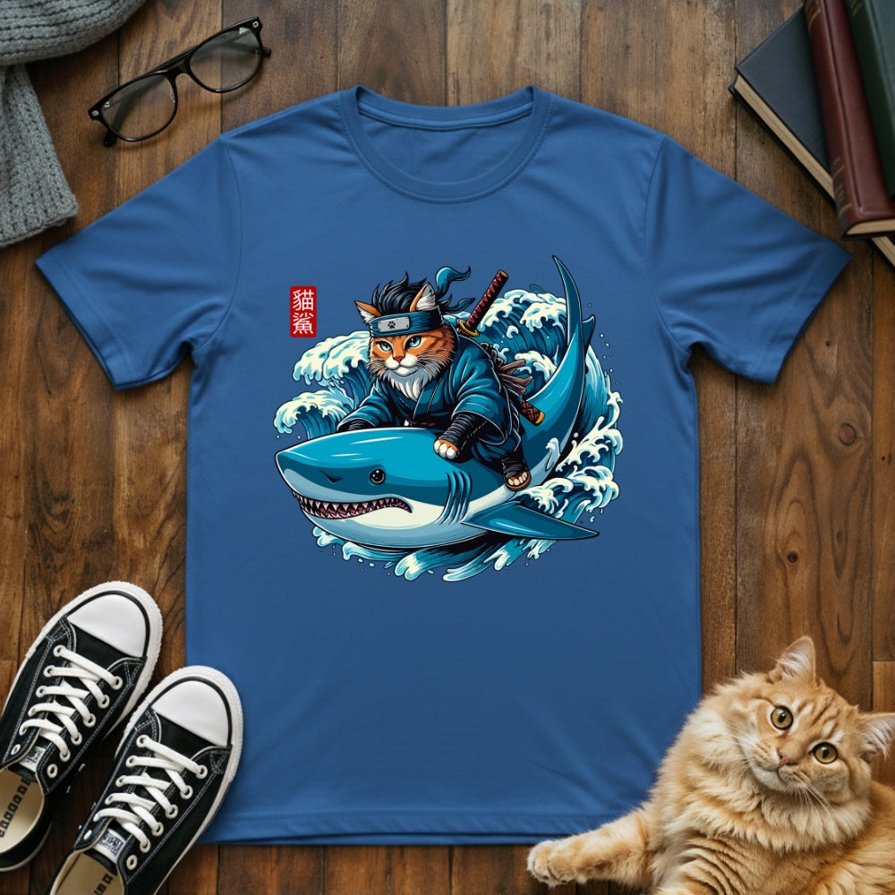 Ninja Cat Riding Shark T-Shirt