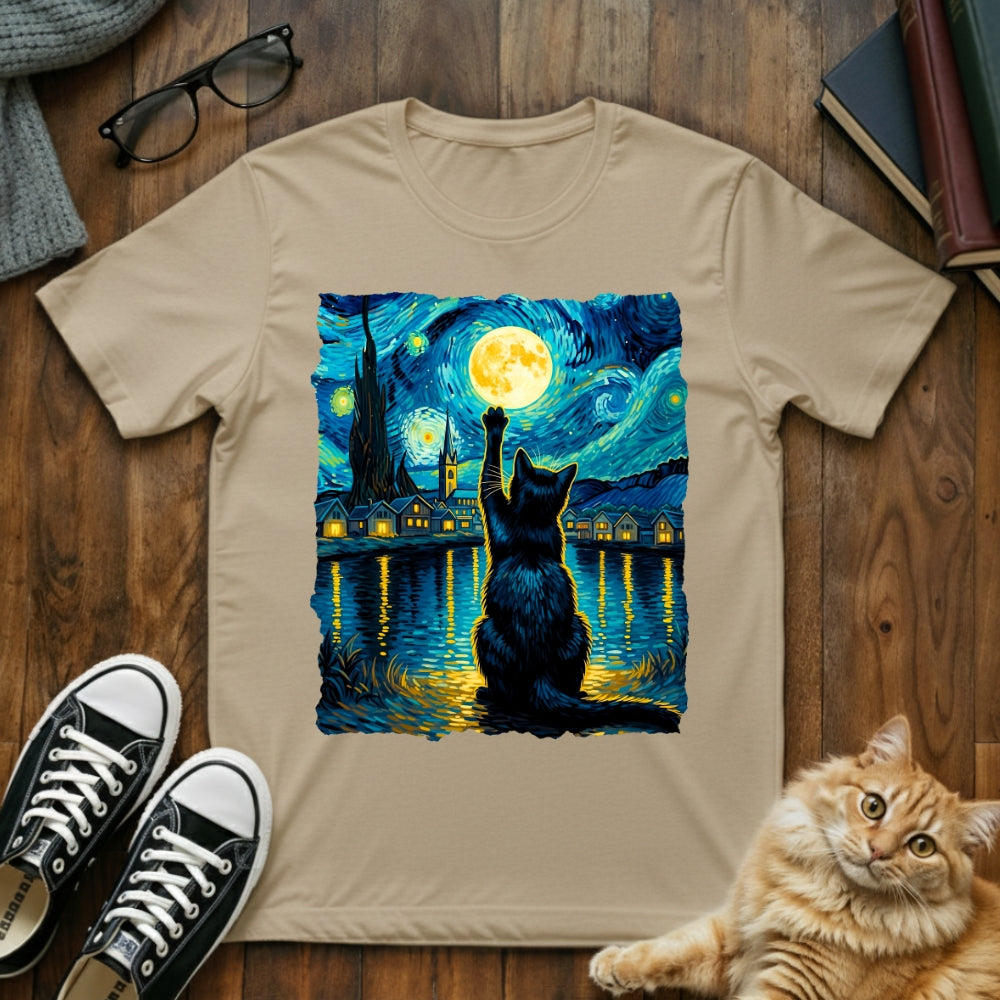 Starry Night Cat Reaching for the Moon T-Shirt