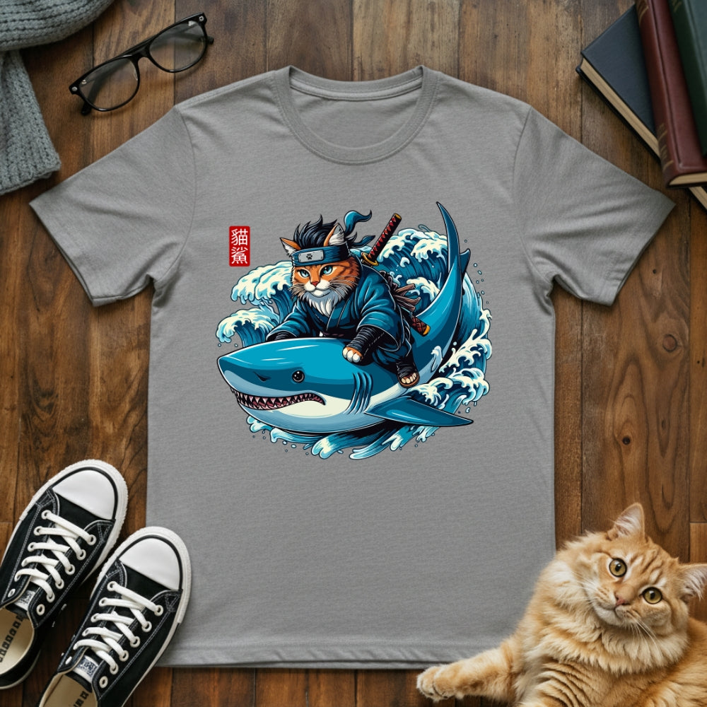 Ninja Cat Riding Shark T-Shirt