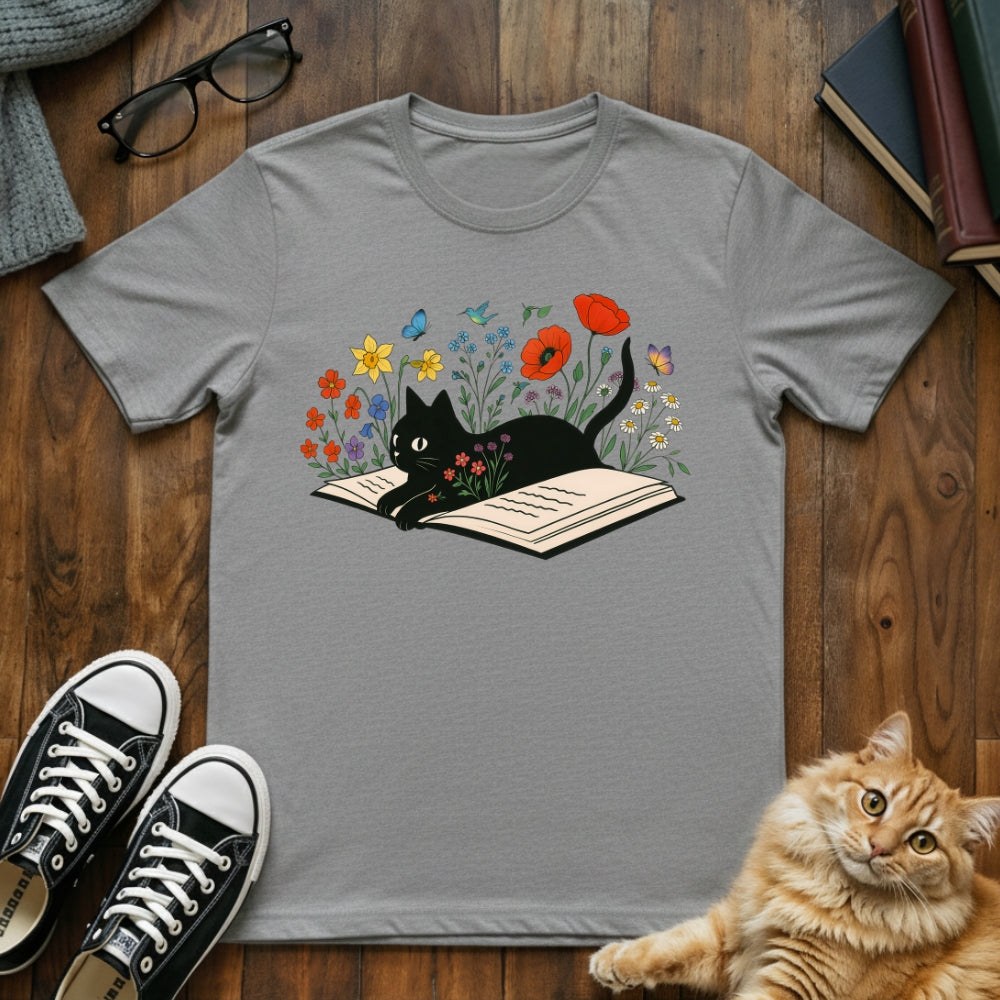 Floral Book Cat T-Shirt