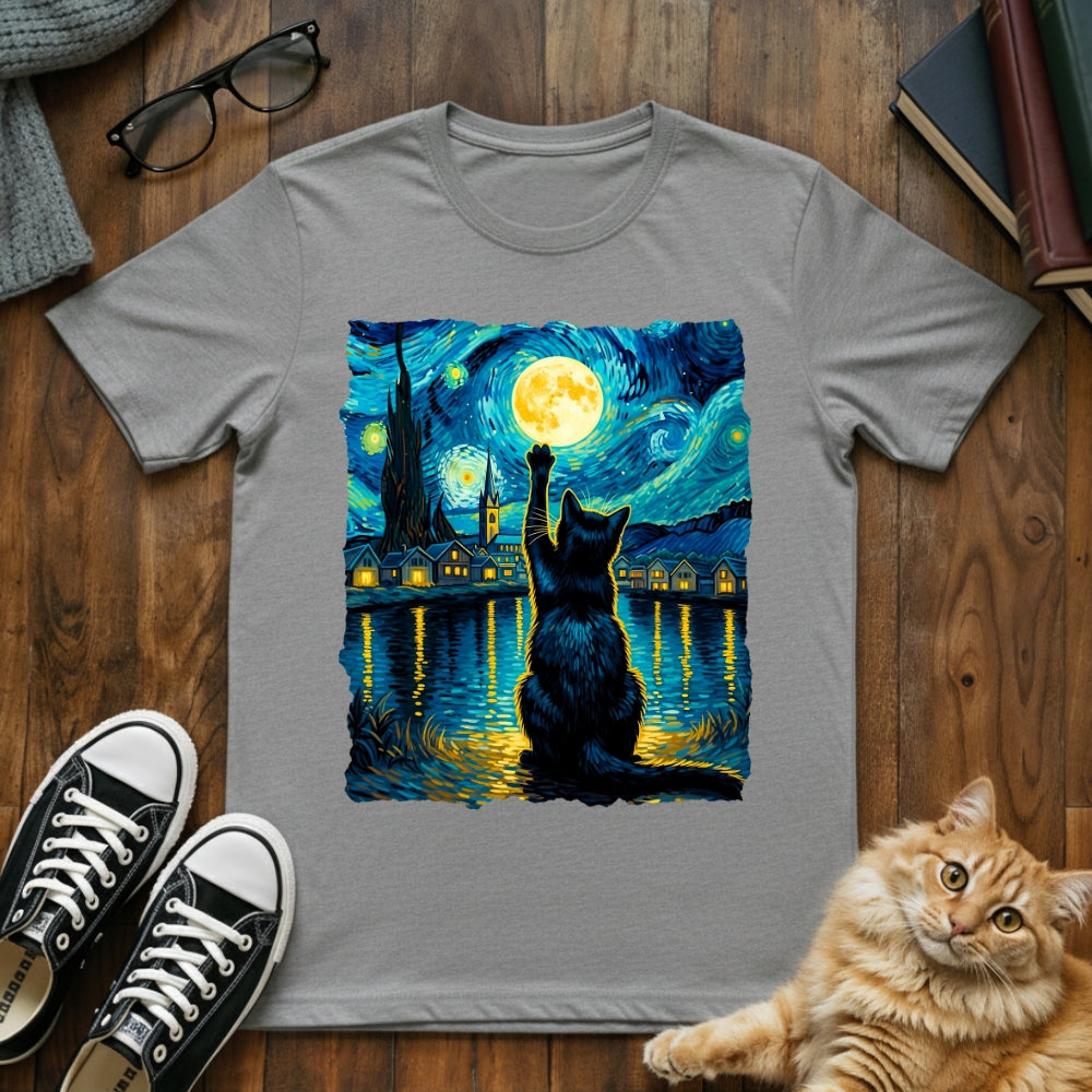 Starry Night Cat Reaching for the Moon T-Shirt