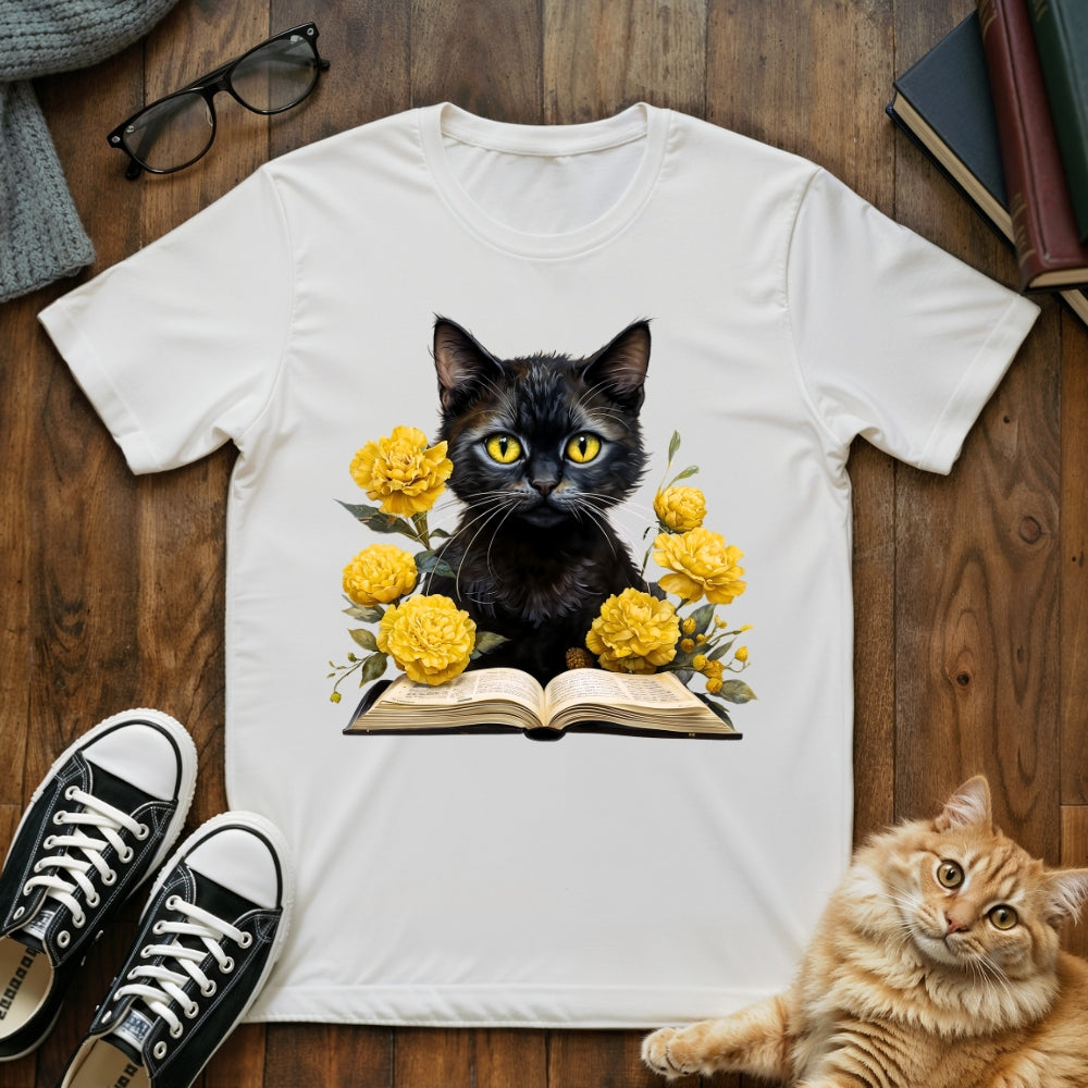 Vintage Floral Black Cat Book T-Shirt