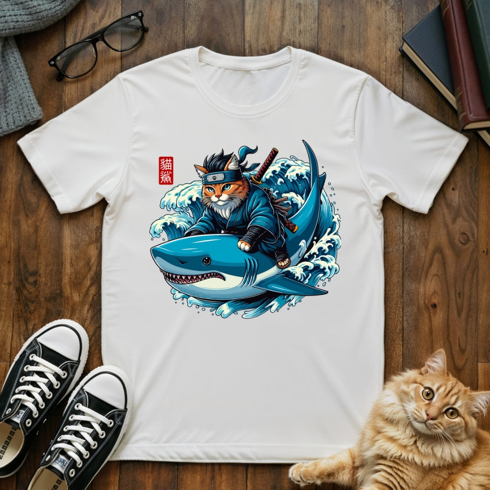 Ninja Cat Riding Shark T-Shirt